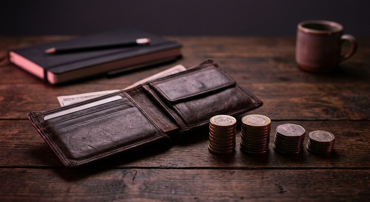 Dompet dan tumpukan koin di atas meja gelap dengan sorot lembut merah muda