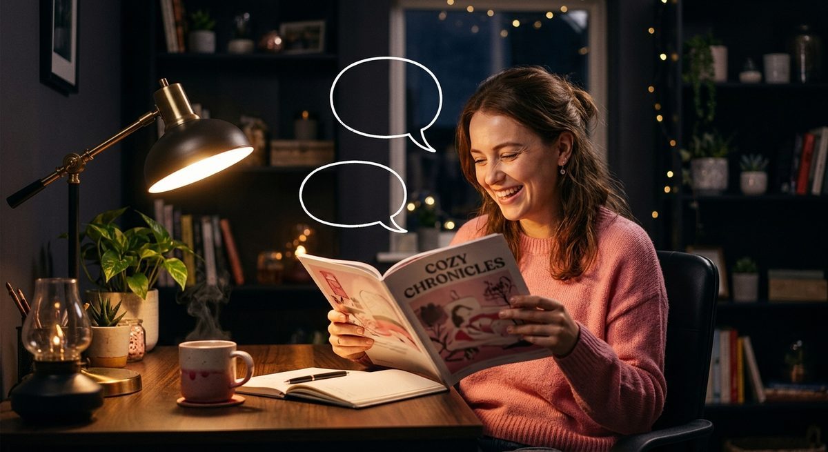 Seseorang membaca majalah di bawah lampu sambil tertawa, gelembung percakapan mengambang di sekitarnya